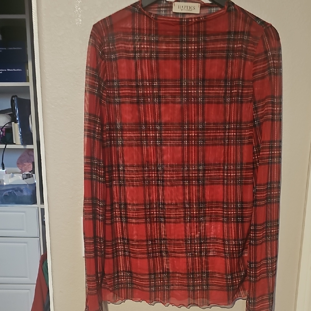 Haptics 2X Sheer Red Plaid Long Sleeve Top